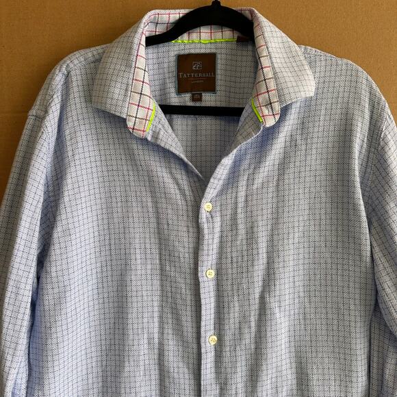 Tattersall London Mens Dress Shirt 17 1/2 34/35 Light Blue Checkered Long Sleeve - Picture 5 of 6